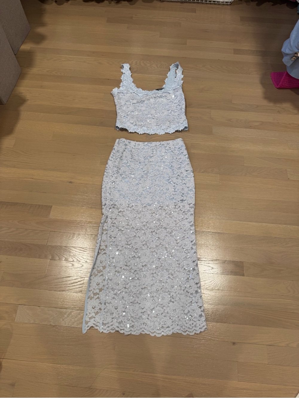 Generation Love light blue Sequin Lace Two-Piece Crop Top & Skirt Set